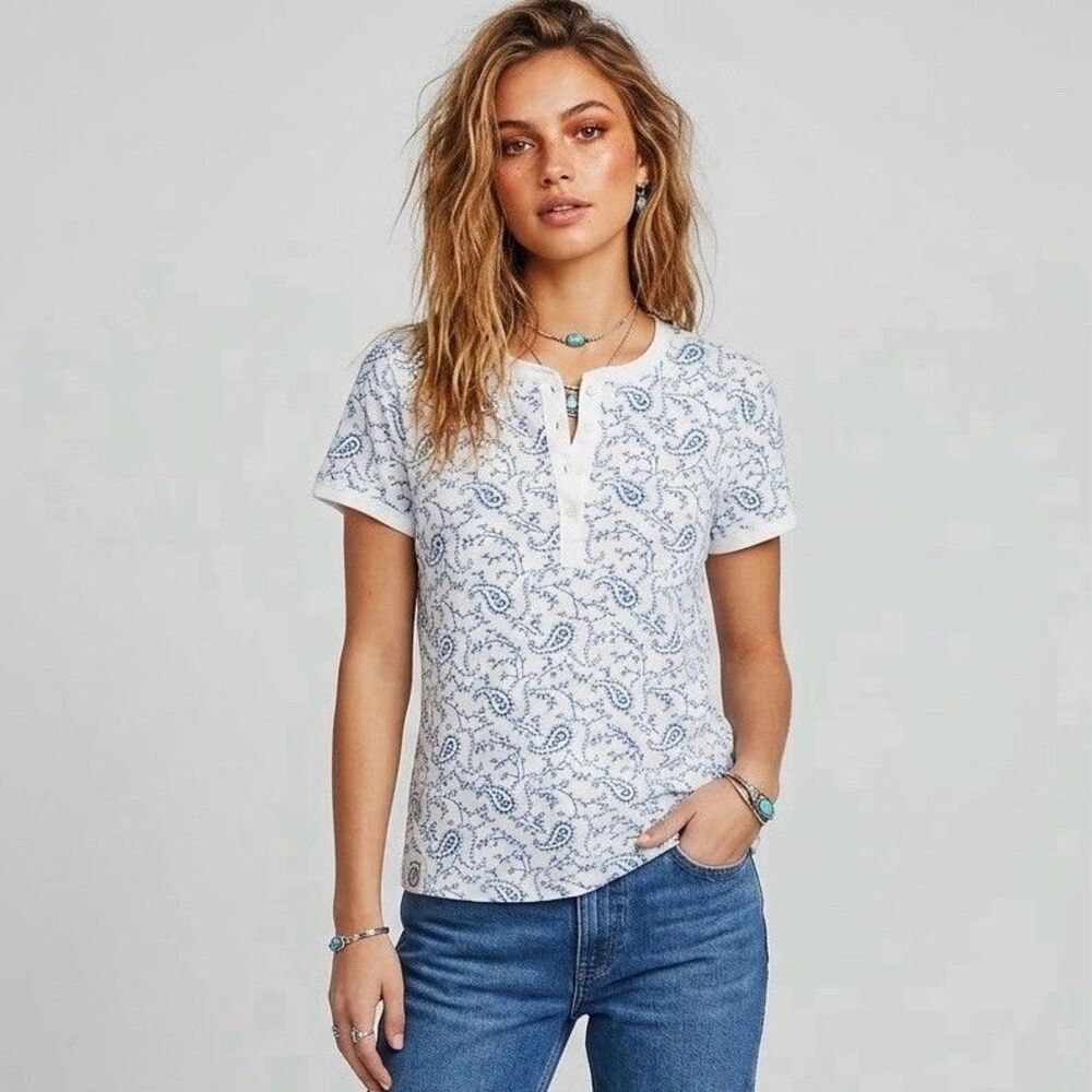 Chaps Denim Womens Knit Floral Henley V-Neck Button Top Short Sleeve Large VTG